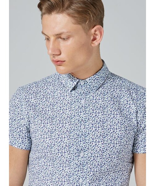 Topman,White And Blue Floral Muscle Fit 