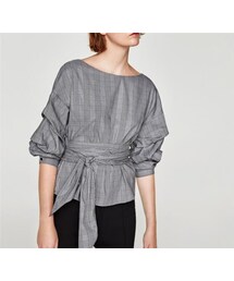ZARA | グレン チェック ブラウス コーデ ボリュームスリーブ(シャツ/ブラウス)