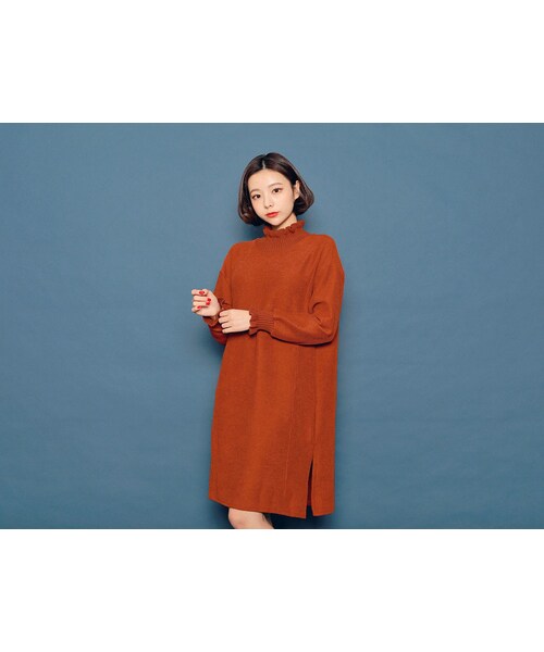 HOTPING（ホッピン）の「サイドスリットフリルネックリブワンピース（ワンピース・レディース・ライトベージュ/マスタード/ネイビー/ブリック/カーキ/ブラウン/ブラック・フリーサイズ(XS-L)）」の7枚目の写真