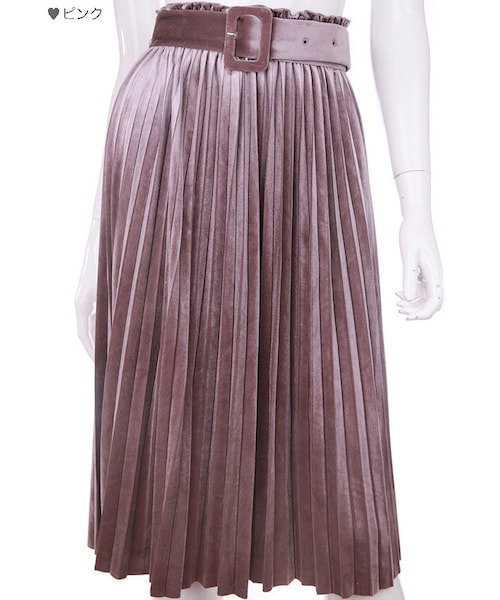 Bobon21（ボボンニジュウイチ）の「ベルト付きプリーツベロアスカート-全２色-（スカート・レディース・ブルー/ピンク・Free）」の2枚目の写真