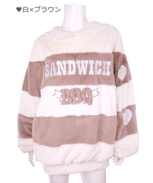 Bobon21（ボボンニジュウイチ）の「ボーダーオーバーサイズフリーストップス-全２色-（スウェット・レディース・ピンク/ブラウン・S/M）」の2枚目の写真