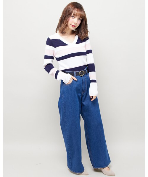 INGNI(イング)の「【春の新作】【WEB先行】マルチボーダーVネックニット/B(トップス・レディース・オフホワイト/ピンク/オフホワイト/コン/オフホワイト/ラベンダー・M)」の4枚目の写真