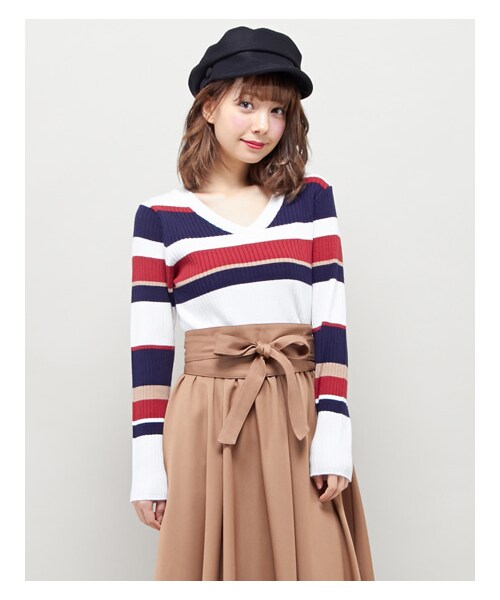 INGNI(イング)の「【春の新作】【WEB先行】マルチボーダーVネックニット/B(トップス・レディース・オフホワイト/ピンク/オフホワイト/コン/オフホワイト/ラベンダー・M)」の7枚目の写真