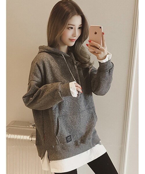 bodurine(ボドゥリネ)の「レイヤードフードTシャツ *全2色*(Tシャツ/カットソー・レディース・그레이/블랙/그외・one size)」の1枚目の写真