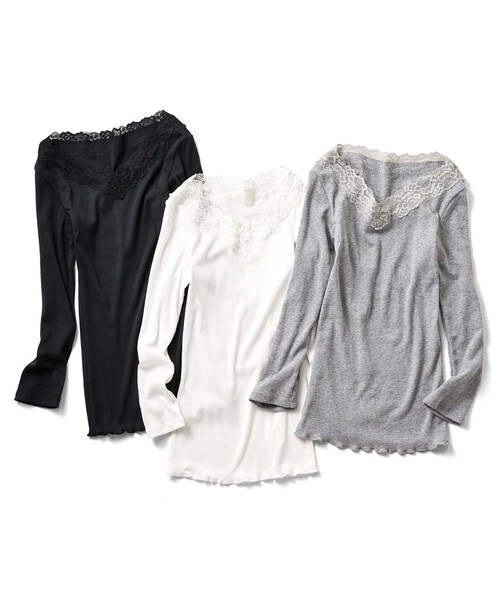 Iedit イディット の Iedit 冬のチラ見え対策 Vネックのレース付きインナートップスの会 Tシャツ カットソー Wear