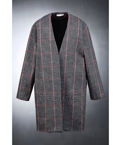 ByTheR（バイザアール）の「ガウン風チェックコート（ノーカラージャケット・メンズ・ブラウン/グレー・FREE）」の2枚目の写真