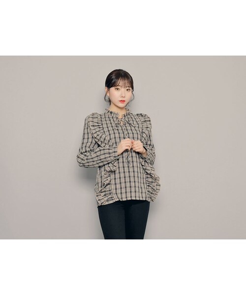 HOTPING(ホッピン)の「フリルポイントチェックブラウス(シャツ/ブラウス・レディース・ブラック/オレンジ・1(XS-S)/2(M-L)/3(L-XL))」の1枚目の写真