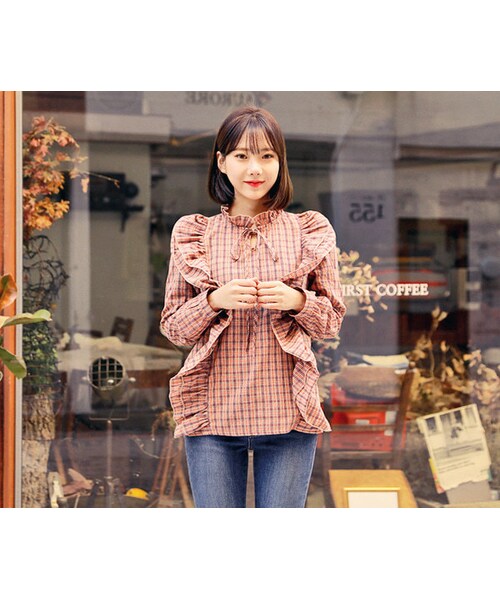 HOTPING(ホッピン)の「フリルポイントチェックブラウス(シャツ/ブラウス・レディース・ブラック/オレンジ・1(XS-S)/2(M-L)/3(L-XL))」の2枚目の写真