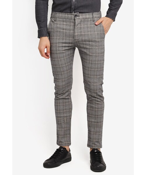 Check Trousers with Black Stripe - Stone Grey | SAINT JAXON