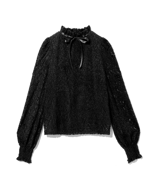 GRL(グレイル)の「リボン付フリルネックレーストップス(Tシャツ/カットソー・レディース・オフホワイト/ブラック・M)」の2枚目の写真