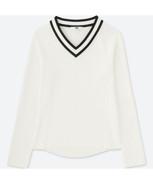UNIQLO（ユニクロ）の「アクティブVネックセーター（長袖）＋E（ニット/セーター・レディース・BLUE 68/BLACK 09/GREEN 54/WHITE 00・XS/XXL/M/L/3XL/XL/S）」の2枚目の写真