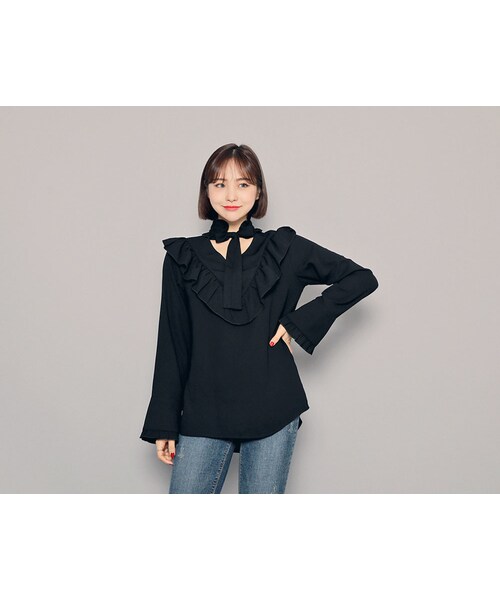 HOTPING（ホッピン）の「ネックストラップフリルブラウス（シャツ/ブラウス・レディース・ディープピンク/ブラック/ホワイト・1(XS-S)/2(M-L)/3(L-XL)）」の3枚目の写真