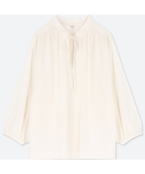 UNIQLO（ユニクロ）の「リネンブレンドギャザーブラウス（7分袖）（シャツ/ブラウス・レディース・OLIVE 56/ORANGE 27/WHITE 00/NAVY 69/YELLOW 43・XL/S/XXL/XS/L/M/3XL）」の2枚目の写真
