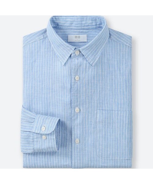 UNIQLO（ユニクロ）の「プレミアムリネンストライプシャツ（長袖）（シャツ/ブラウス・メンズ・BLUE 61/OFF WHITE 01・XS/XL/L/3XL/M/4XL/XXL/S）」の2枚目の写真