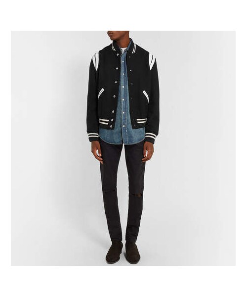 Saint Laurent（サンローラン）の「Saint Laurent Leather-Trimmed Wool-Blend Bomber Jacket（ライダースジャケット・メンズ・Black・It54/It50/It56/It44/It46）」の5枚目の写真