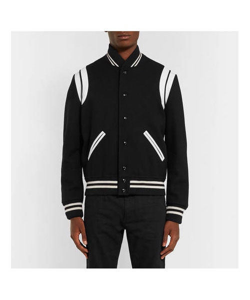 Saint Laurent（サンローラン）の「Saint Laurent Leather-Trimmed Wool-Blend Bomber Jacket（ライダースジャケット・メンズ・Black・It54/It50/It56/It44/It46）」の4枚目の写真