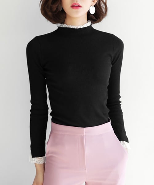 DHOLIC(ディーホリック)の「レースヘムスリムTシャツ(Tシャツ/カットソー・レディース・ブラック/グレー/ホワイト/その他・FREE)」の1枚目の写真