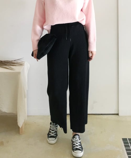 DHOLIC(ディーホリック)の「ウエストドローストリングワイドパンツ(その他パンツ・レディース・ブラック/ベージュ・FREE)」の1枚目の写真