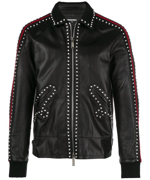 Dsquared2 ディースクエアード の Dsquared2 スタッズ レザージャケット Men コットン ラムスキン ポリエステル 真鍮 46 ライダースジャケット Wear