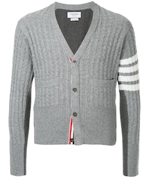 THOM BROWNE | Thom Browne - トロンプルイユ Vネック カーディガン プルオーバー ホワイト 4BAR ストライプ カシミア - men - カシミア - 2(カーディガン/ボレロ)