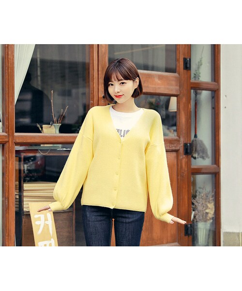 HOTPING（ホッピン）の「バルーンスリーブVネックカーディガン（カーディガン/ボレロ・レディース・ライトティール/ブラック/グレー/イエロー・1(フリーサイズ)/2(L-XL)）」の4枚目の写真