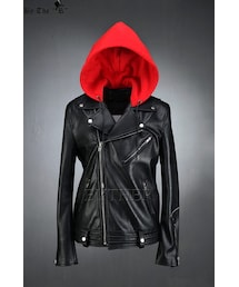 ByTheR | 配色フードライダースジャケット (レッド)(ライダースジャケット)