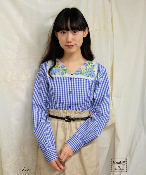 Hamble パラビオン　ハンカチ　ワンピース　パッチワーク paravion（パラビオン）の「ハンカチ衿チェックブラウス（）」 - WEAR