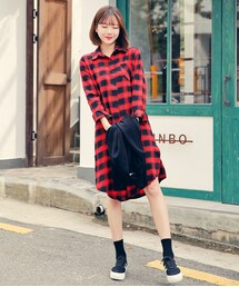 HOTPING | サイドスリット起毛チェックロングシャツ(シャツ/ブラウス)