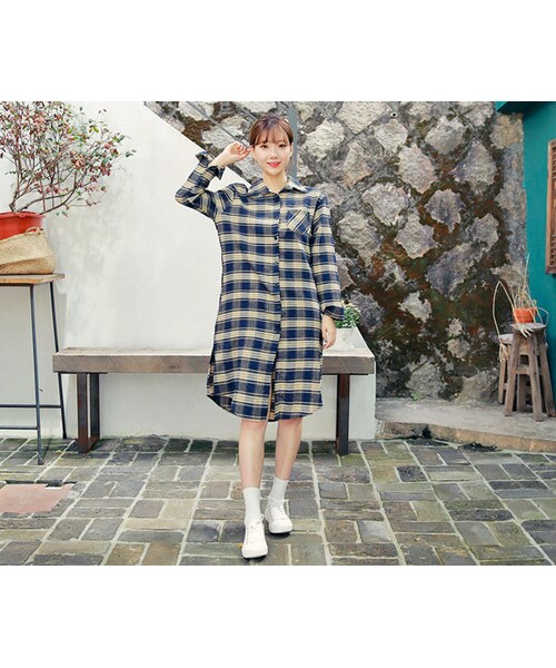 HOTPING（ホッピン）の「サイドスリット起毛チェックロングシャツ（シャツ/ブラウス・レディース・レッド/ブラック/ネイビー・フリーサイズ(XS-L)）」の3枚目の写真