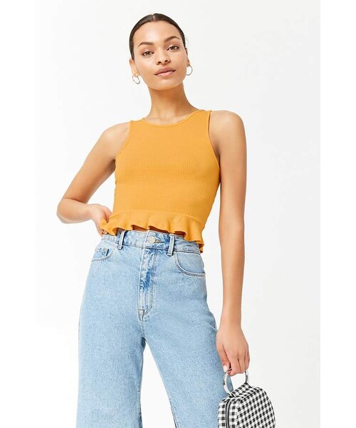 FOREVER 21（フォーエバー トゥエンティーワン）の「FOREVER 21 Ribbed Flounce-Hem Tank Top（タンクトップ・レディース・Black/Gold/Red/Blue/White・Small/Medium/Large）」の5枚目の写真