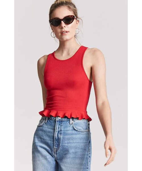 FOREVER 21（フォーエバー トゥエンティーワン）の「FOREVER 21 Ribbed Flounce-Hem Tank Top（タンクトップ・レディース・Black/Gold/Red/Blue/White・Small/Medium/Large）」の4枚目の写真