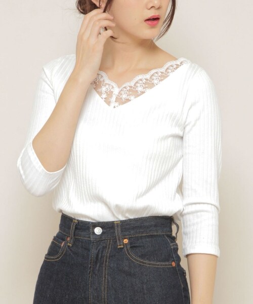 Pageboy ページボーイ の スカラップレーストップス 7分袖 トップス Wear Pageboy ページボーイ の スカラップレーストップス 7分袖 トップス Wear