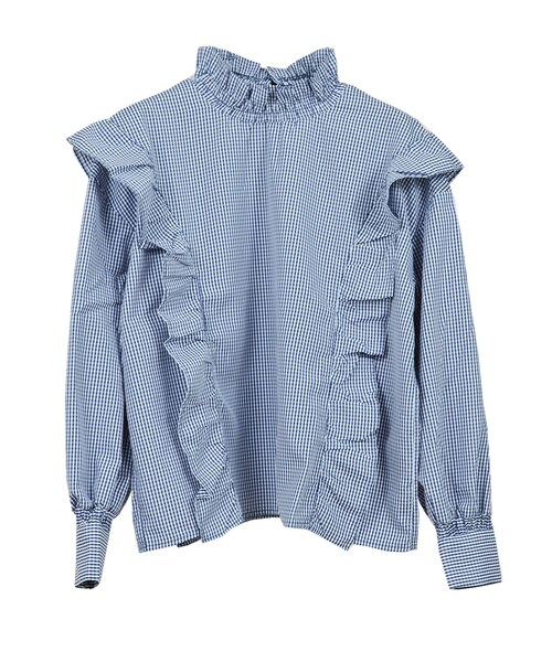 STYLEBLOCK（スタイルブロック）の「先染めギンガムチェックフリルブラウス（シャツ/ブラウス・レディース・サックスブルー/レッド/ネイビー/ブラック・M）」の2枚目の写真