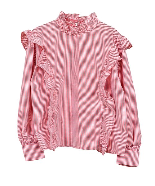 STYLEBLOCK（スタイルブロック）の「先染めギンガムチェックフリルブラウス（シャツ/ブラウス・レディース・サックスブルー/レッド/ネイビー/ブラック・M）」の3枚目の写真