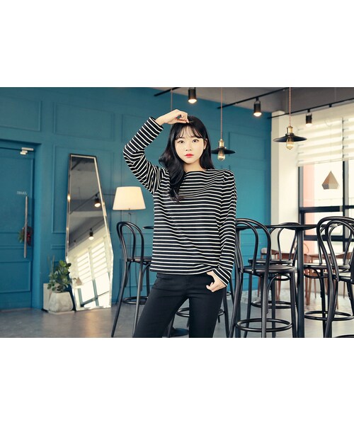 HOTPING（ホッピン）の「ベーシックボーダーTシャツ（Tシャツ/カットソー・レディース・アイボリー/ブルー/ブラック・1(フリーサイズ)/2(L-XL)）」の2枚目の写真