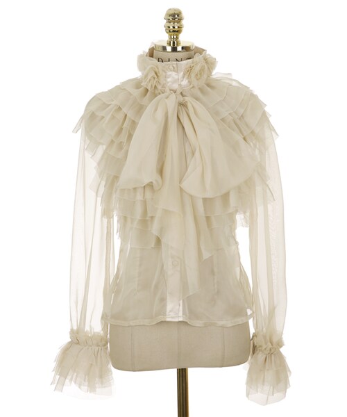 DINT（ディント）の「フリル回シーツルーブラウス（シャツ/ブラウス・レディース・Beige/Black・one(44~66size)）」の3枚目の写真