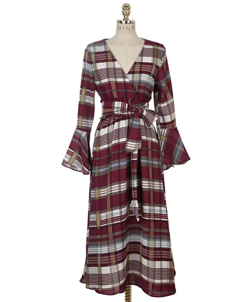 DINT（ディント）の「チェックミックスワイドワンピース（ワンピース・レディース・Green/Red・one(44~66size)）」の3枚目の写真