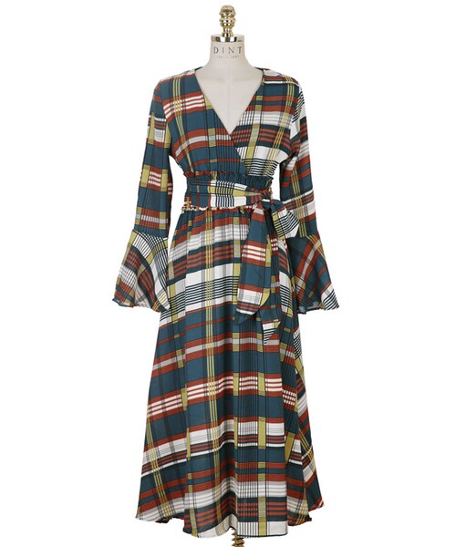 DINT（ディント）の「チェックミックスワイドワンピース（ワンピース・レディース・Green/Red・one(44~66size)）」の2枚目の写真