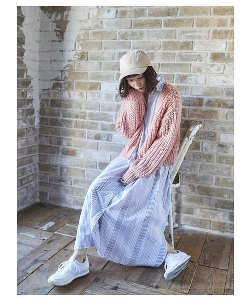 earth music&ecology（アースミュージックアンドエコロジー）の「・ドロストシャツワンピース（ワンピース/ドレス・ベージュ/カーキ/ネイビー/ストライプネイビー/ストライプホワイト・F）」の5枚目の写真