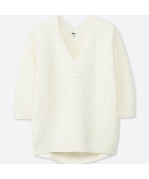 UNIQLO（ユニクロ）の「3DコクーンシルエットＶネックセーター（7分袖）＋（ニット/セーター・レディース・LIGHT GRAY 02/NAVY 69/OFF WHITE 01/LIGHT ORANGE 21/PURPLE 71・L/XS/XXL/S/XL/M）」の2枚目の写真