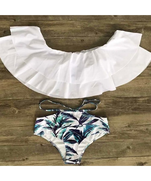 no brand(ノーブランド)の「リーフ柄 オフショル オフショルダー 水着 フリル ハイウエスト ビキニ バンドゥ 体型カバー オフショルダービキニ オフショルビキニ(水着・レディース・その他)」の5枚目の写真