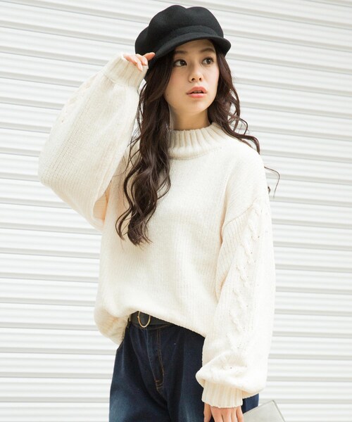 Girly Doll（ガーリードール）の「リブモールニット(Tネックver)（ニット/セーター・レディース・グリーン/オフホワイト/ブラック/グレー/ベージュ/ネイビー/ピンク/レッド/ボルドー・F）」の2枚目の写真