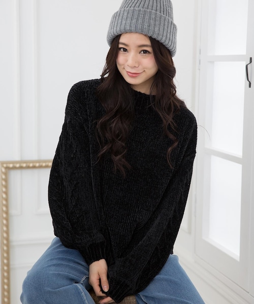 Girly Doll（ガーリードール）の「リブモールニット(Tネックver)（ニット/セーター・レディース・グリーン/オフホワイト/ブラック/グレー/ベージュ/ネイビー/ピンク/レッド/ボルドー・F）」の3枚目の写真