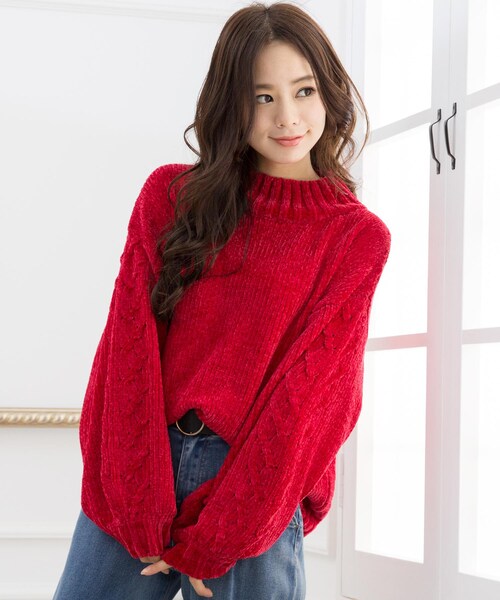 Girly Doll（ガーリードール）の「リブモールニット(Tネックver)（ニット/セーター・レディース・グリーン/オフホワイト/ブラック/グレー/ベージュ/ネイビー/ピンク/レッド/ボルドー・F）」の7枚目の写真