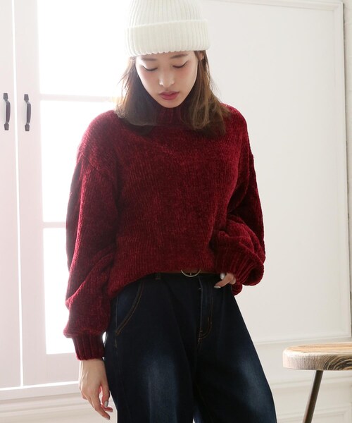 Girly Doll（ガーリードール）の「リブモールニット(Tネックver)（ニット/セーター・レディース・グリーン/オフホワイト/ブラック/グレー/ベージュ/ネイビー/ピンク/レッド/ボルドー・F）」の8枚目の写真