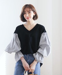 DHOLIC | ストライプパフスリーブTシャツ(シャツ/ブラウス)