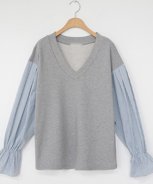 DHOLIC（ディーホリック）の「ストライプパフスリーブTシャツ（シャツ/ブラウス・レディース・ブラック/グレー・FREE）」の2枚目の写真