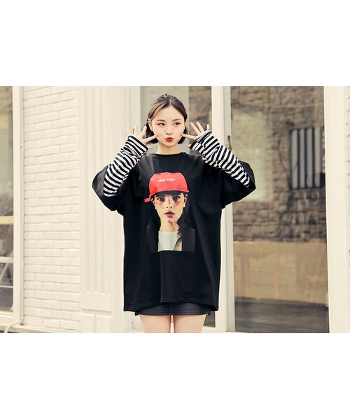 HOTPING(ホッピン)の「ニューヨークガールフォトプリントTシャツ(Tシャツ/カットソー・レディース・ブラック/イエロー/ホワイト/ブルー・フリーサイズ(XS-XL))」の1枚目の写真