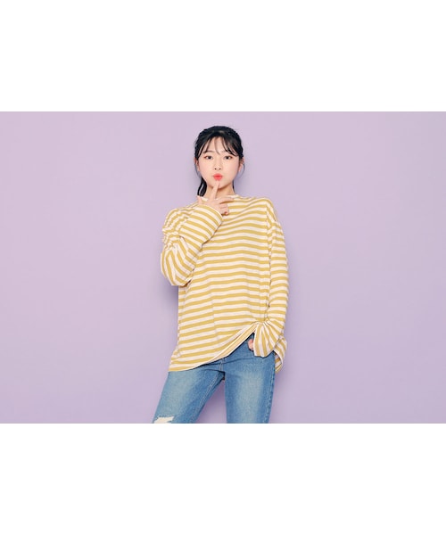 HOTPING(ホッピン)の「4ColorsドロップショルダーボーダーTシャツ(Tシャツ/カットソー・レディース・ブラック/マスタード/ブリック/イエローグリーン・1(フリーサイズ)/2(L-XL))」の3枚目の写真