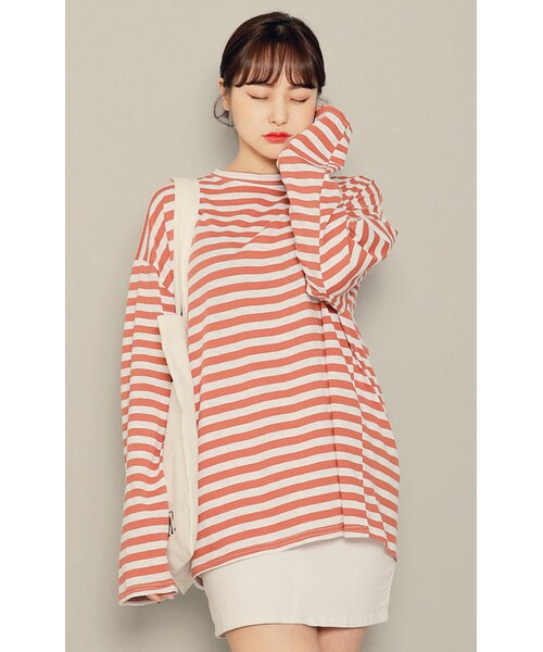 HOTPING(ホッピン)の「4ColorsドロップショルダーボーダーTシャツ(Tシャツ/カットソー・レディース・ブラック/マスタード/ブリック/イエローグリーン・1(フリーサイズ)/2(L-XL))」の4枚目の写真